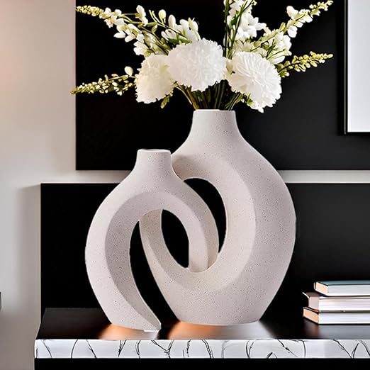 White Ceramic Vases, Set of 2, Round Hollow, Modern Flower Vase for Home Decor